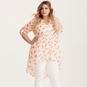Torrid Pink Feather Print Chiffon Hi-Lo Top
